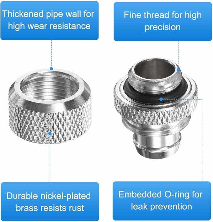 4-Pack G1/4" Thread 3/8 in ID 1/2 in OD Quick Tighten Compression Fitting - Durable Hard Tubing Compression Fitting for Soft Tubing, Computer Water Cooling System, Black, Silver