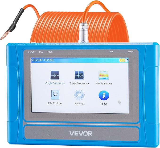 VEVOR Underground Water Detector, Up to 492ft (150m) Pro Underground Water Detection Locator, 7" Touchscreen Auto Mapping Well Detector Explorer with Multi-Frequency Measurement, 8GB Card, Carry Case