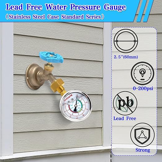 Water Pressure Gauge, 0-200 Psi Pressure Gauge Filled with Oil, 3/4" GHT Female Thread Water Pressure Test Gauge with 3 Adapters,for Home, Industrial, Garden Multiple Locations Pressure Test