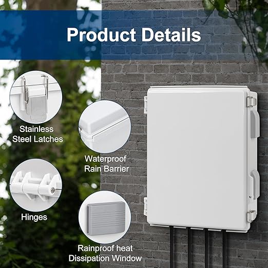 Electrical Junction Box, Ventilated Design, Cable Grommets, Indoor/Outdoor Use with Mounting Panel & Hinged Cover. Waterproof IP 65. (Grey Cover, 15.7"x11.8"x7.1")