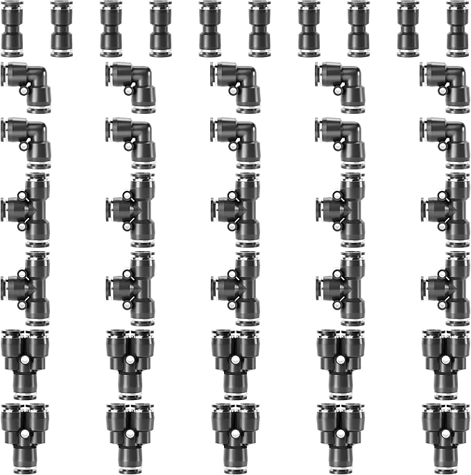 TAILONZ PNEUMATIC Black 1/4 Inch od Push to Connect Fittings Pneumatic Fittings Kit 10 Spliters+10 Elbows+10 tee+10 Straight (40 pcs)