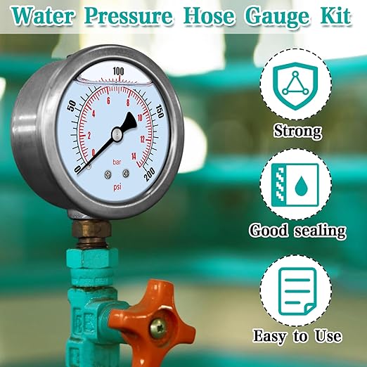 Water Pressure Gauge with 12'' Hose, 0-200 Psi Pressure Gauge Filled with Oil, 3/4" GHT Female Thread Water Pressure Test Gauge Hose Kit, for Home, Industrial, Garden Water Pressure Test