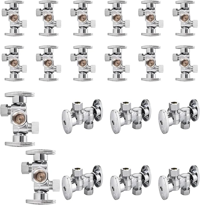 20-Pack Foskan Dual Turn Angle Stop Valve with 2 Shut Off Valve/Handles, 1/2" FIP x 3/8" OD x 3/8" OD,Chrome Plated Brass