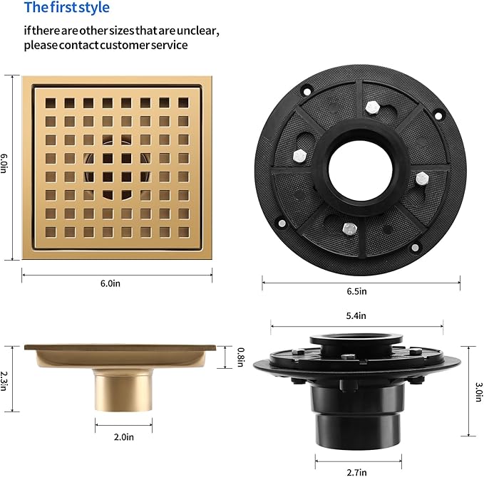 Shower Drain, Brushed Gold 6 inch Shower Floor Square Drain with Flange, Removeable Grid Panel SUS 304 Stainless Steel Square Shower Drain