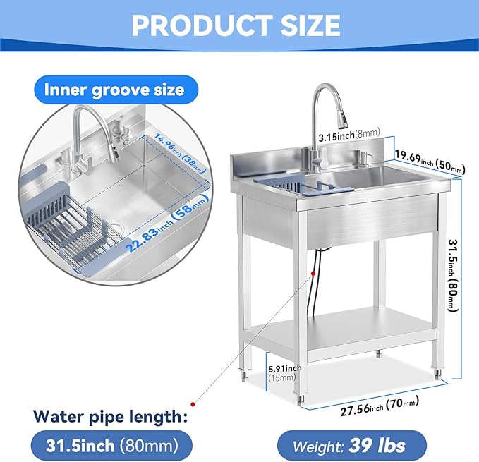 27inch Stainless Steel Utility Sink, Commercial Kitchen Single Bowl Sink with Cold and Hot Water Faucet,Hoses and Drain Kit,Complete Base Plate for Kitchens, Bathrooms, Garage, Laundry Room