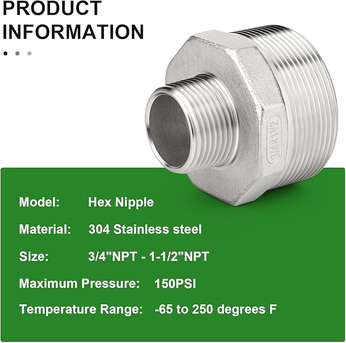 TAISHER 2PCS Cast 304 Stainless Steel Hex Nipple, Reducer Pipe Fitting 1-1/2" NPT Male x 3/4" NPT Male
