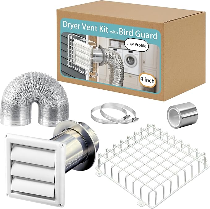 Dryer Vent Kit 4 Inch with Metal Bird Guard, Wall Sleeve & Wall Plate, Hose Connector Wall Venting Kit for Cloth Dryer AC Ventilation Exhaust Fan Ceiling Fan, Low Profile, White