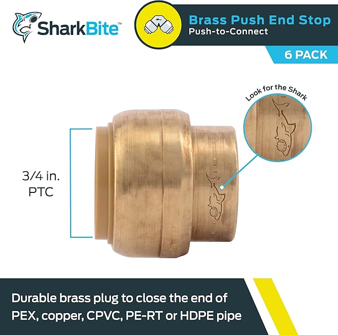 SharkBite 3/4 Inch Push Cap, Pack of 6, Push to Connect Brass Plumbing Fitting, PEX Pipe, Copper, CPVC, PE-RT, HDPE, U518LF