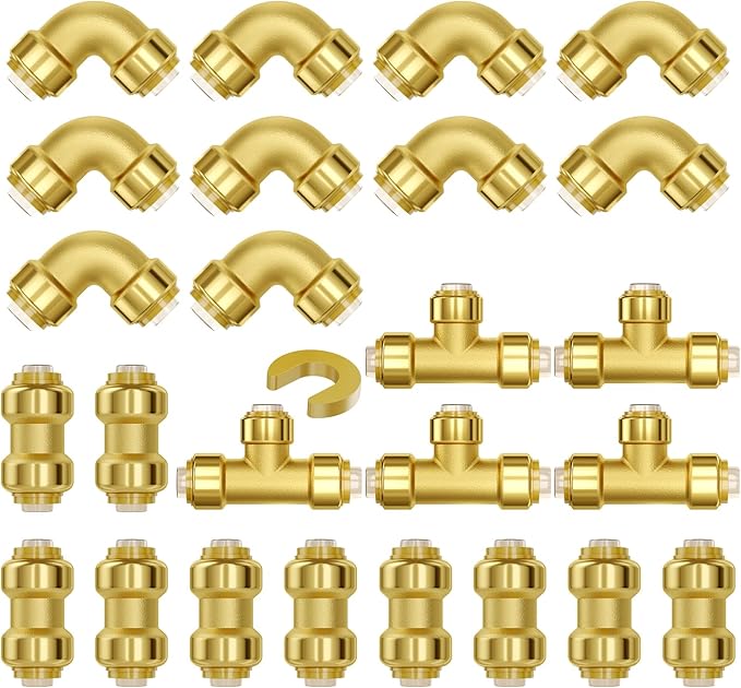 VEVOR Pipe Fittings, 1/2" 25PCS (10xStraight, 10xElbows, 5xTees) Brass Pipe Fittings, Push-Fit Pipe Connector Brass Air Fittings, Plumbing Fittings Adapter for Heating/Shower Systems, Water Pipes