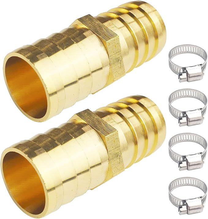 2PCs 1" Brass Hose Barb Fitting Straight Shape Barbed Splicer Mender Union Fitting with 4PCs Hose Clamp for Oil Water Air