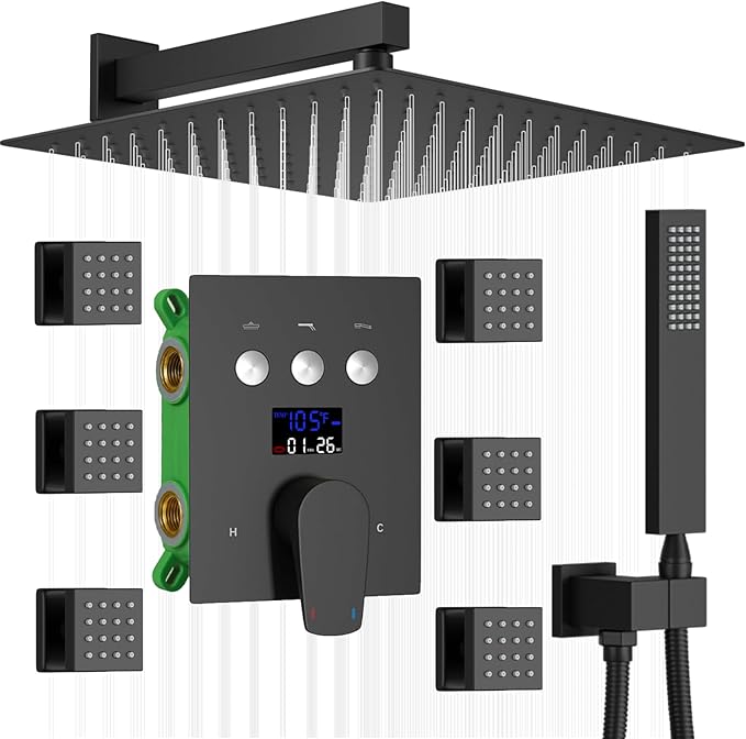 Temperature Display Full Body Shower Faucet Set with 6 pcs Body Jets 12 inch Square Rainfall Shower Head with Handheld Spray Wall Mounted Rough-in Valve and Trim Included,Matte Black