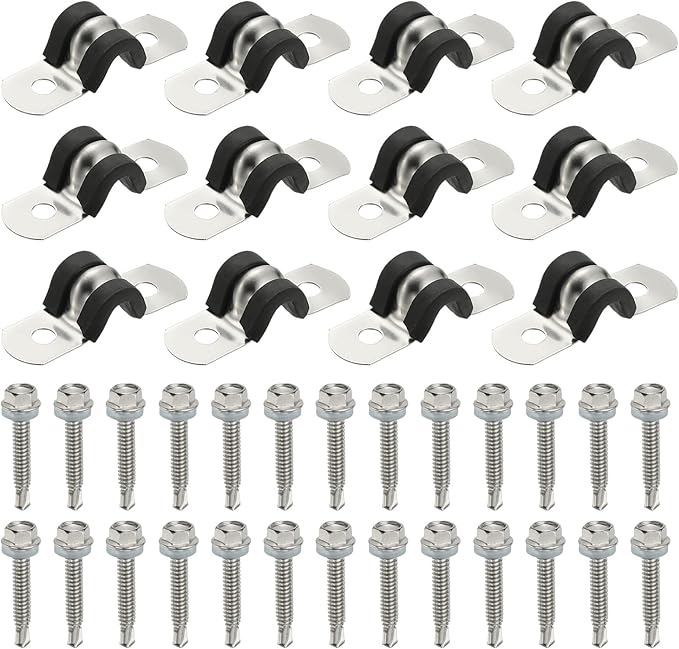 PATIKIL 12Pcs Pipe Clamps, 1/4 Inch 304 Stainless Steel Rubber Cushioned U Bracket Conduit Clamps Pipe Strap Wire Clips with Hexagonal Screw for Tube Hose Cord Installation, 6mm