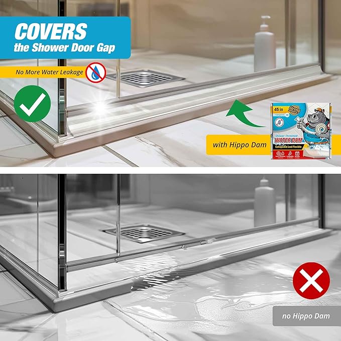 Shower Threshold Water Dam Barrier - White Collapsible Shower Water Blocker - Guard for Walk in Shower - Water Guard Stopper for Floor - Shower Door Water Blocker - By Hippo Dam (45 in, Transparent)