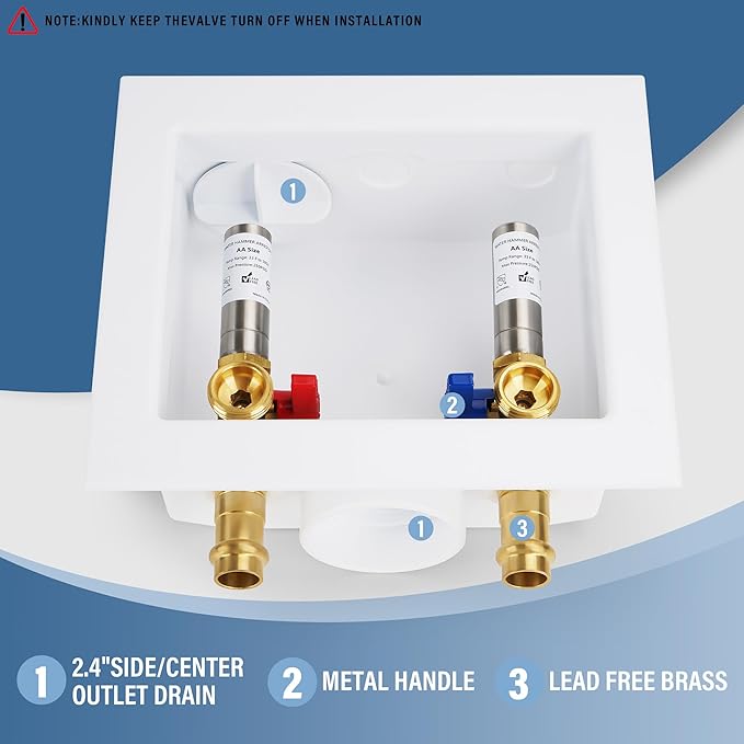 Press Washing Machine Outlet Box with Stainless Steel Water Hammer Arrestor, with Center Drain, 1/2 Inch Press x 3/4 Inch MHT, Washer Faucet Recessed Box, Laundry Washer Valve Outlet Box