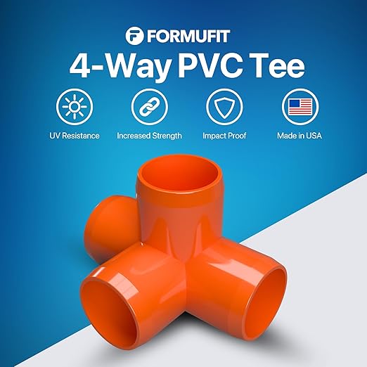 FORMUFIT 1” 4-Way Tee Furniture Grade PVC Fitting in Orange, Made in USA, UV-Resistant, Impact-Proof, 1.315” Actual Socket Diameter (Pack of 4) - F0014WT-OR-4