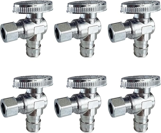 SUNGATOR 6-Pack Pex A Angle Stop Valve, 1/2" Pex A Expansion x 3/8" OD Compression, 1/4 Turn Chrome Plated Brass Shut Off Valve