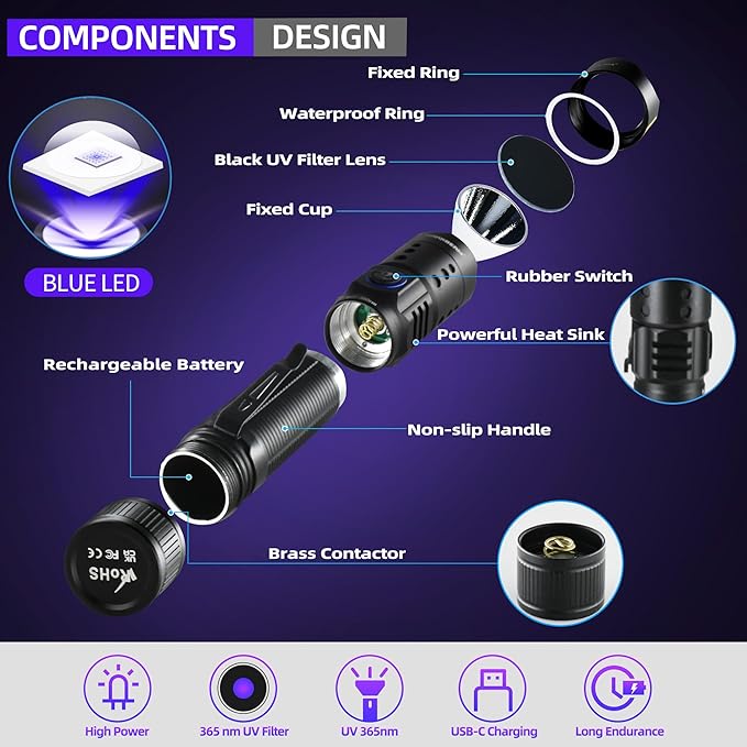 DARKBEAM UV Flashlight 365nm Black Light - Mini & Powerful LED Ultraviolet Blacklight Flashlights - Rechargeable Woods Lamp for AC Leak, Resin Curing, Cat/Dog Urine, Blood Tracking, Rocks Finder