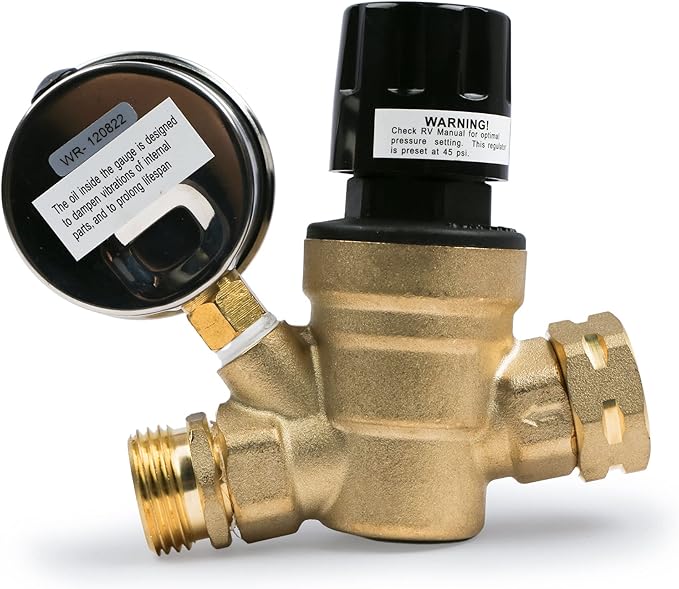 U.S. Solid 3/4" GHT RV Water Pressure Regulator, Handwheel Adjustable Lead-Free Brass Regulator Valve with Gauge & Filter for RV, Camper & Garden Hose