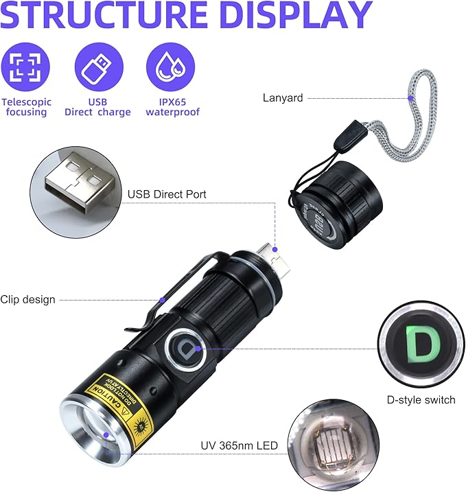 DARKDAWN UV 365nm Black Light Flashlights USB Rechargeable, Wood's Lamp Ultraviolet LED Portable Mini, Blacklight for cat Urine Detection Dry Stains, Uranium Glass, Leak Detection, D15 365 nm