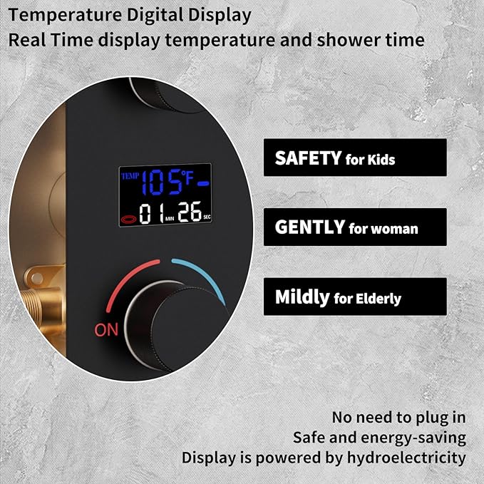 4 Way Shower Diverter Valve with Temperature Display Brass Rough-In Shower Mixing Valve Kit Replacement Can Work At The Same Time,Matte Black