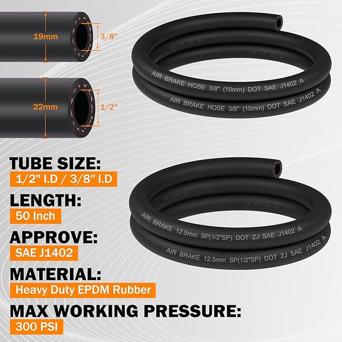 30PCS 3/8” & 1/2” DOT Air Hose Male Connector Fittings and Sleeve Tubes with Spring Guards, 50 Inch 1/4" & 3/8" Rubber Air Hose for Air Brake Systems or Trucks Trailers