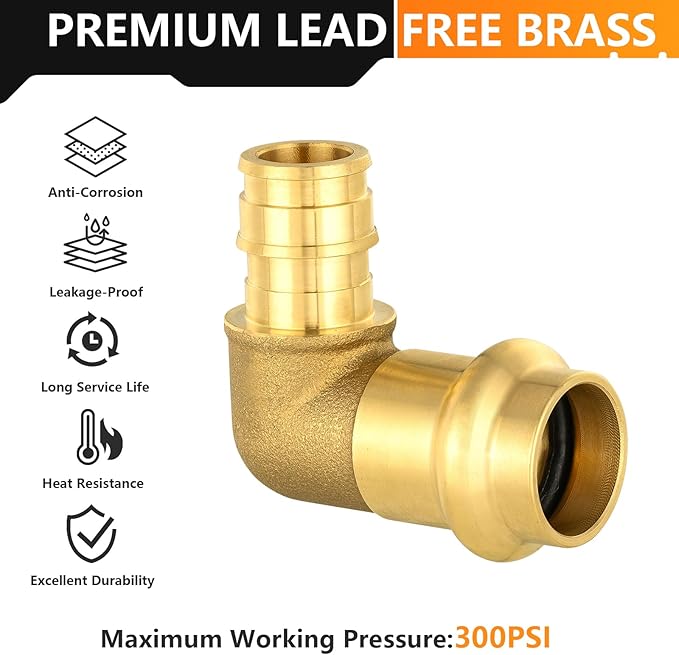20-Pack HeSun Copper Press Fitting Elbow, 1/2" PRESS X 1/2" PEX-A F1960 Expansion Elbow, LF Brass