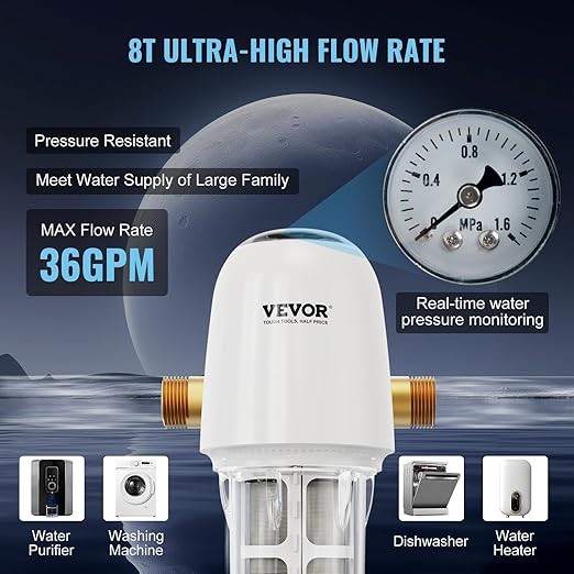VEVOR Auto Flush Sediment Filter, 36 GPM Spin Down Water Filter with Touch Screen, 6Th Gen Backwash System, Bi-Side Scraper, 360° Install Whole House Pre Filter, Pressure Gauge, 1" MNPT, 3/4" FNPT