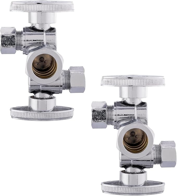 2-Pack Foskan Dual Compression 1/4 Turn Angle Stop Valve with 2 Shut Off Valve/Handles,1/2" NOM (5/8" OD) x 3/8" OD x 3/8" OD,Chrome Plated Brass