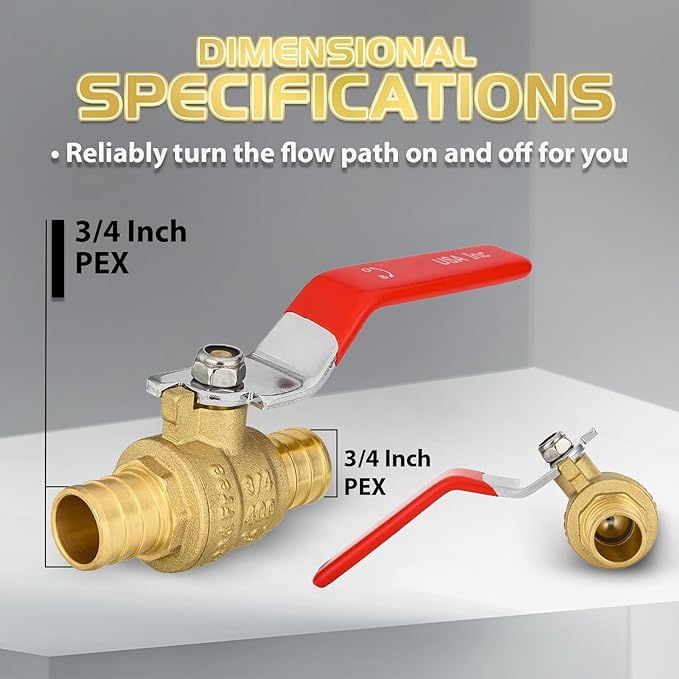 10-Pack Foskan 3/4 Inch PEX Crimp Full Port Ball Valve with Red Handle, Brass Quarter Turn Shut-off Valve for PEX Tubing