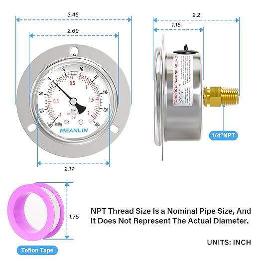 MEANLIN MEASURE -30inHG~30Psi Liquid Filled Pressure Gauge Front Flange Panel Mount, 1/4" NPT 2.5" FACE DIAL Stainless Steel Case with Phillips Screw and Nut, +/-3-2-3%