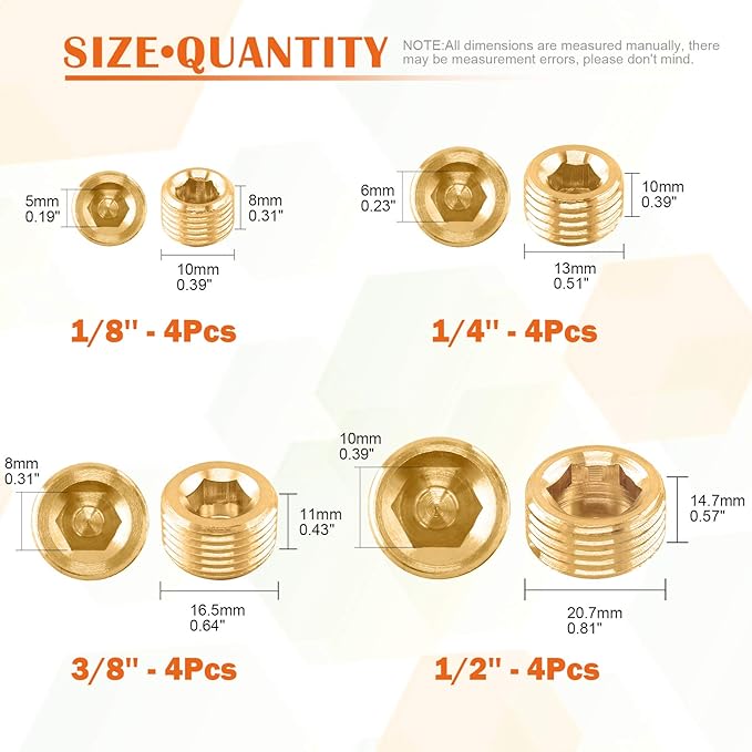 Rustak 16 Pcs Brass Pipe Plugs Assortment Set 1/8" 1/4" 3/8" 1/2" NPT Brass Pipe Fitting, Internal Hex Thread Socket Plug Kit for Water Pump Ports, Oil Sender Holes, Engine Block
