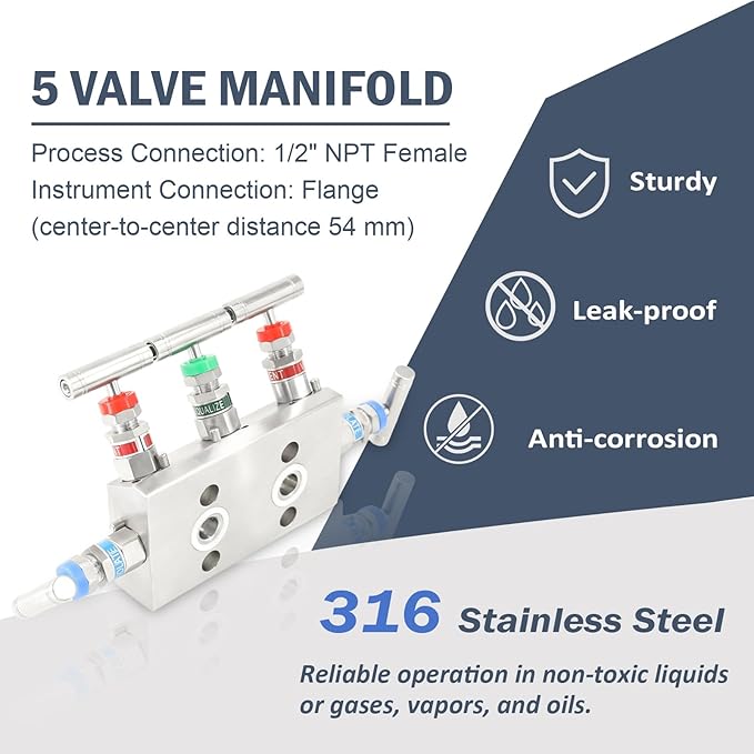 5 Valve Manifold 316 Stainless Steel 5 Way High Pressure Manifold Gas Distributor for Pressure Gauges and Pressure Transmitters from Rosemount, Siemens, Honeywell, E+H
