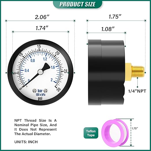 0-30PSI Well Pump Pressure Gauge 2" Dial Size, 1/8" NPT Back Mount, 3-2-3% Accuracy, for Tube, Water Pump, Gas, Liquid, Pressure Test