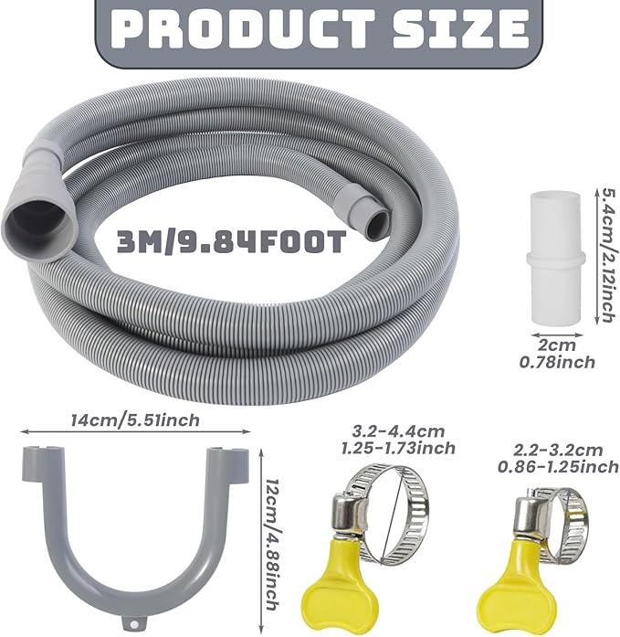 10 FT Washing Machine Drain Hose, Universal Dishwasher Drain Hose Kit, Including a 10 FT Dishwasher Drain Hose Extension, 1 White Extension Joint, 6 Steel Clamps and U-Shaped Elbow Hose Bracketr