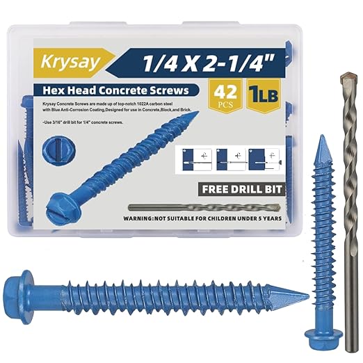 42Pcs 1/4 x 2-1/4 in Concrete Screws with Drill bits,Masonry Screws for Concrete Assortment Kit,Hex Head Block Cement Stacoo Screws and Anchors,Diamond Point,Blue Coated(1LB)