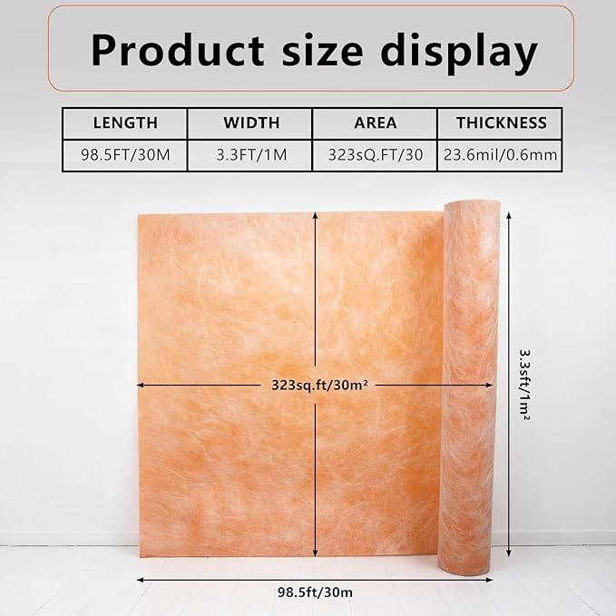 3.3 FT x 98.5 FT Waterproof Membrane for Shower, 23.6 mils Thick Underlayment Waterproof Polyethylene 323 sq ft, Walls Tile Underlayment Fabric for Sauna Bathroom, Bathroom
