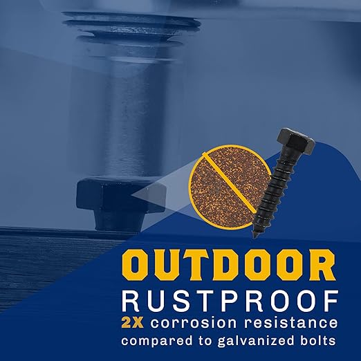 1/2" x 2”, 25-Piece Black Lag Bolts, Rustproof 4-Layer Ceramic BLAKOTE, 2X Protection of Galvanized Lag Screws, for Decks Pergolas by Makers Bolt