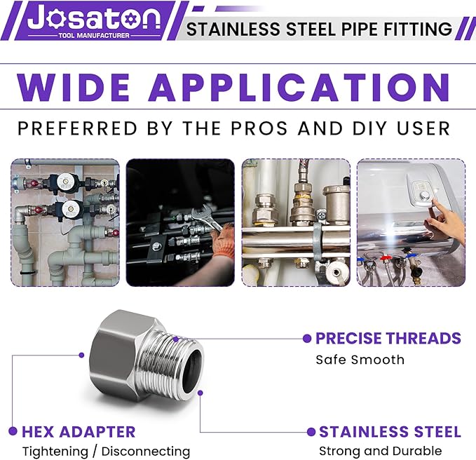 1/2" Male to 1/2" Female Pipe Extension Fitting, Josaton Stainless Steel Pipe Connector Fitting Hex Bushing Adapter for Tub Spout/Shower with Black Gaskets & Sealing Tape, 30MM/ 40MM/ 50MM Length