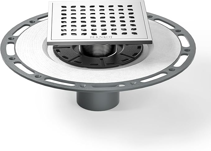 Square Shower Drain, 6" Brushed with PVC Bonding Flange Base 304 Stainless Steel Drain Grate Removable with Stainless Drain Key for Low Profile Shower Tiles, CUPC Certified