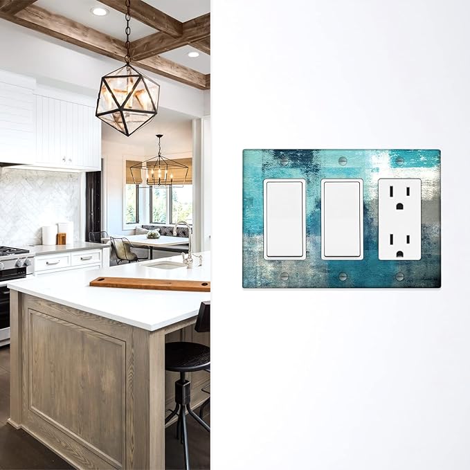 Turquoise Teal Grey 3-Gang Rocker Light Switch Cover Abstract Art Decorative Wall Plate Cover Modern Electrical Outlet Covers