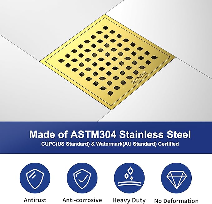 Square Shower Drain 6" Polished Gold with PVC Bonding Flange Base 304 Stainless Steel Drain Grate Removable with Stainless Drain Key for Low Profile Shower Tiles
