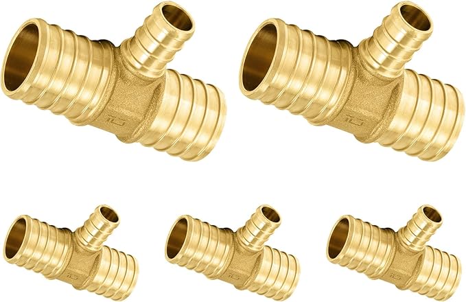 Pack of 5 Foskan PEX Fittings, 1"x1"x1/2" Reducing Tee,Brass Barb Crimp PEX Fittings for Hot or Cold Water Distribution