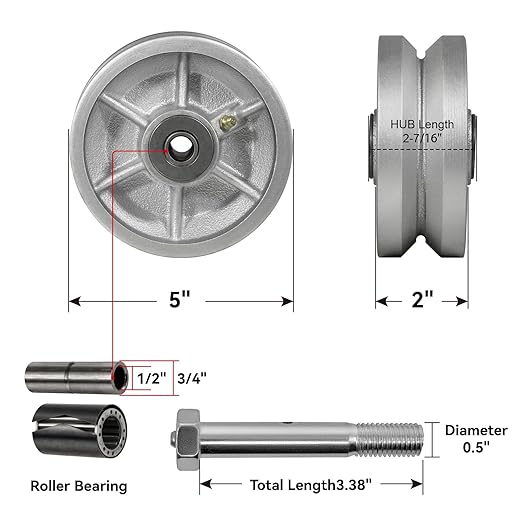 5" X 2" Sliding Gate Wheels（4 Pack）, Cast Iron V Groove Wheel with Roller Bearing-900 lbs Capacity, Rolling Gate Wheels, Sliding Gate Casters, Gate wheels for Metal Tube Gate, Silver