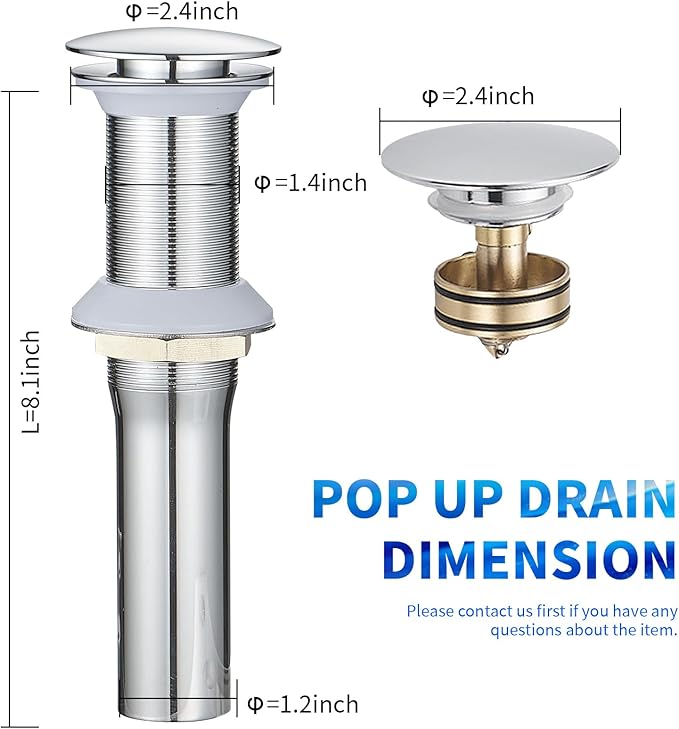 BWE Chrome One-Piece Bathroom Sink Drain Stopper Without Overflow Vessel Vanity Faucet Bathroom SinkPop-Up Drain Assembly with Strainer for Bathroom