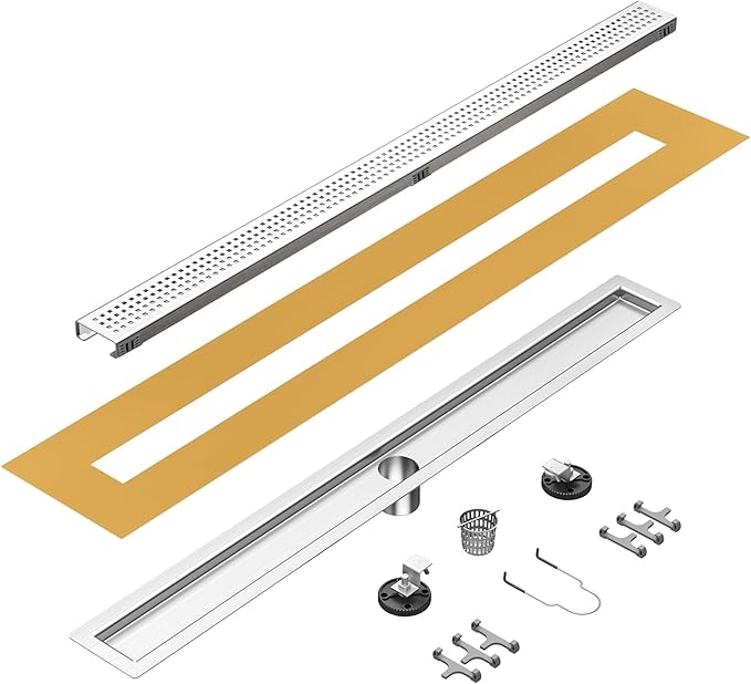 24 inch Linear Shower Drain with Square Hole Pattern Grate Cover, Brushed 304 Stainless Steel Bonding Flange Linear Drain, Low Profile Linear Shower Drain with Hair Strainer