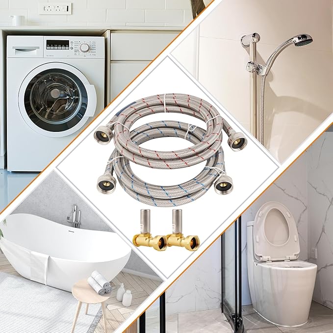 4 FT Stainless Steel Washing Machine Hoses with Water Harmmer,2 Pack Red and Blue Washer Hoses,Burst Proof Hot & Cold Water Connection Inlet Washer Supply Lines