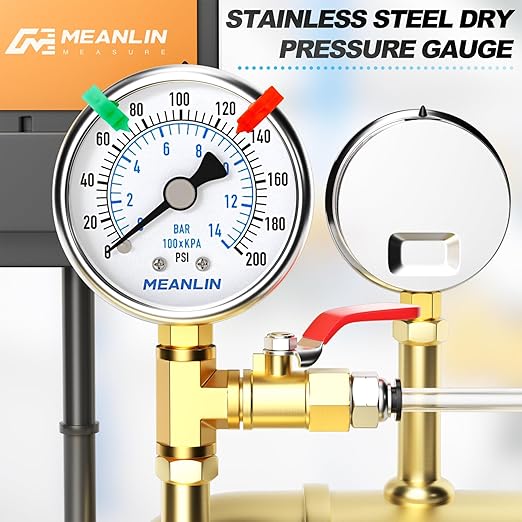 MEANLIN MEASURE 0~200Psi Dry Pressure Gauge Stainless Steel 1/4" NPT 2" FACE DIAL Waterproof for Air Compressor Air Regulator Water Filter Lower Mount (with 2PCS Snaps)