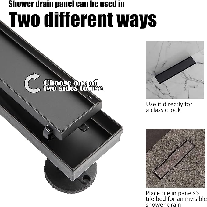 24 inch Linear Shower Drain with Removable Square Hole Panel by Using 304 Stainless Steel Process, Linear Drain Equipped with Adjustable Feet and Hair Strainer（Matte Black Color）