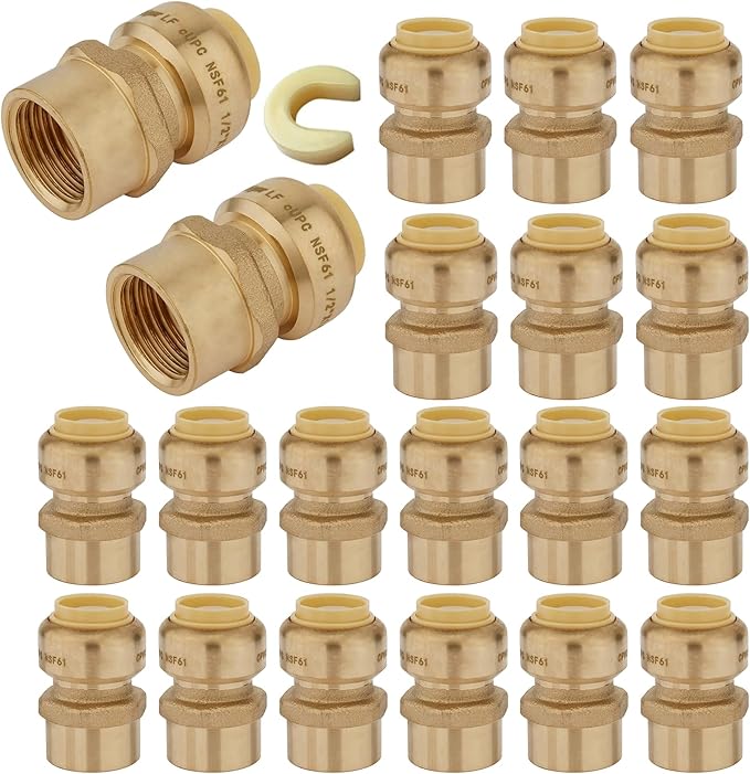 HeSun 20-Pack Pushfit Female Adapter, 3/4" FNPT x 3/4" Push to Connect Plumbing Fittings with Disconnect Clip, Brass Push-fit Fittings for PEX, Copper, CPVC, PE-RT Pipes