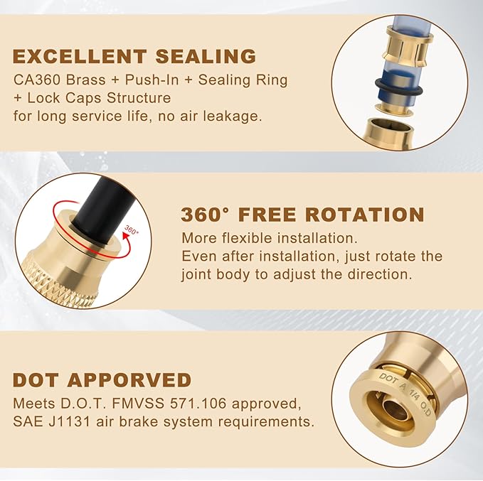 26pcs Quick Connect Brass DOT Air Line Fittings Straight Union 1/4” 3/8” 5/16” Tube Push to Connect Fittings Air Suspension Fitting Straight Air Brake Union Push Lock Pneumatic Air Hose Fitting